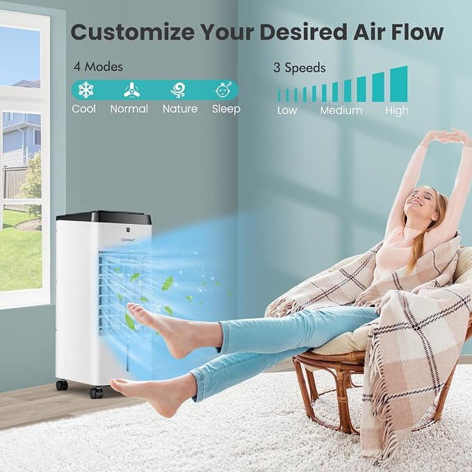 Evaporative Air Cooler, 3-in-1 Quiet Swamp Cooler with Remote Control, 70° Oscillation, 4 Modes, 12H Timer, 3.5L Water Tank