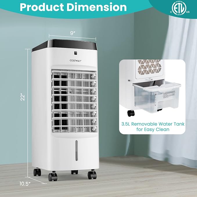 Evaporative Air Cooler, 3-in-1 Quiet Swamp Cooler with Remote Control, 70° Oscillation, 4 Modes, 12H Timer, 3.5L Water Tank