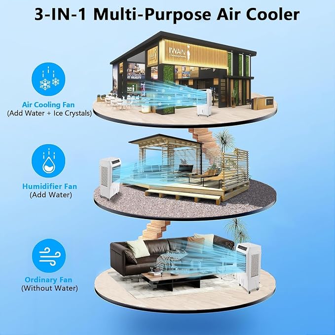 Evaporative Air Cooler, 3000 CFM Swamp Cooler with Remote Control, 10.3 Gallon Large Water Tank, 3 Speed Cooling Fan, 4 Ice