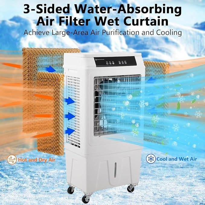 Evaporative Air Cooler, 3000 CFM Swamp Cooler with Remote Control, 10.3 Gallon Large Water Tank, 3 Speed Cooling Fan, 4 Ice