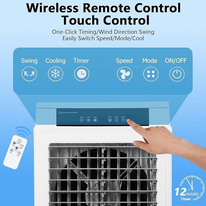 Evaporative Air Cooler, 3000 CFM Swamp Cooler with Remote Control, 10.3 Gallon Large Water Tank, 3 Speed Cooling Fan, 4 Ice