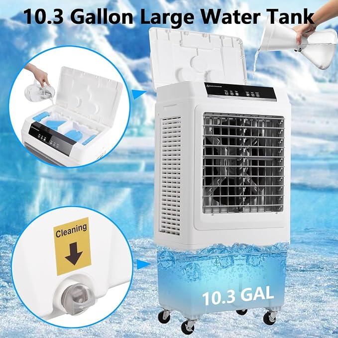 Evaporative Air Cooler, 3000 CFM Swamp Cooler with Remote Control, 10.3 Gallon Large Water Tank, 3 Speed Cooling Fan, 4 Ice