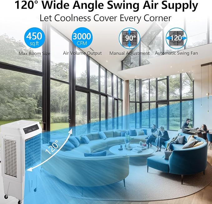Evaporative Air Cooler, 3000CFM Portable Swamp Cooler with Remote Control, 3 Speeds, 12H Timer & 10.3 Gallon Water Tank