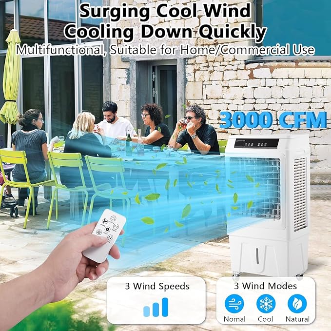 Evaporative Air Cooler, 3000CFM Portable Swamp Cooler with Remote Control, 3 Speeds, 12H Timer & 10.3 Gallon Water Tank