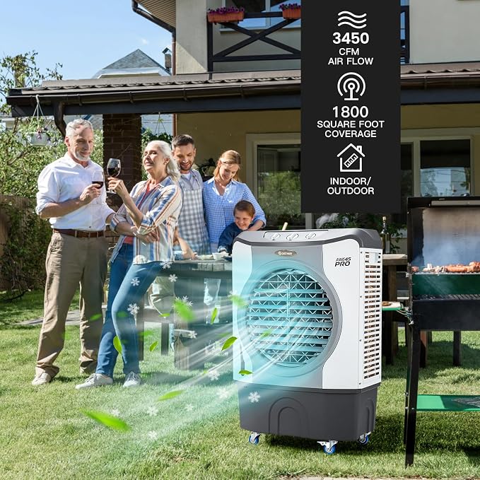 Evaporative Air Cooler, 3450 CFM Swamp Cooler with 100°Oscillation, 210W Cooling Fan, 3 Speeds & 3 Modes Cools up to 1800