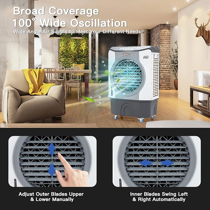 Evaporative Air Cooler, 3450 CFM Swamp Cooler with 100°Oscillation, 210W Cooling Fan, 3 Speeds & 3 Modes Cools up to 1800