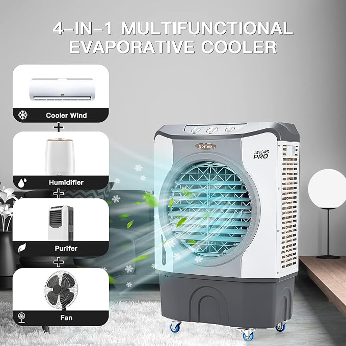 Evaporative Air Cooler, 3450 CFM Swamp Cooler with 100°Oscillation, 210W Cooling Fan, 3 Speeds & 3 Modes Cools up to 1800
