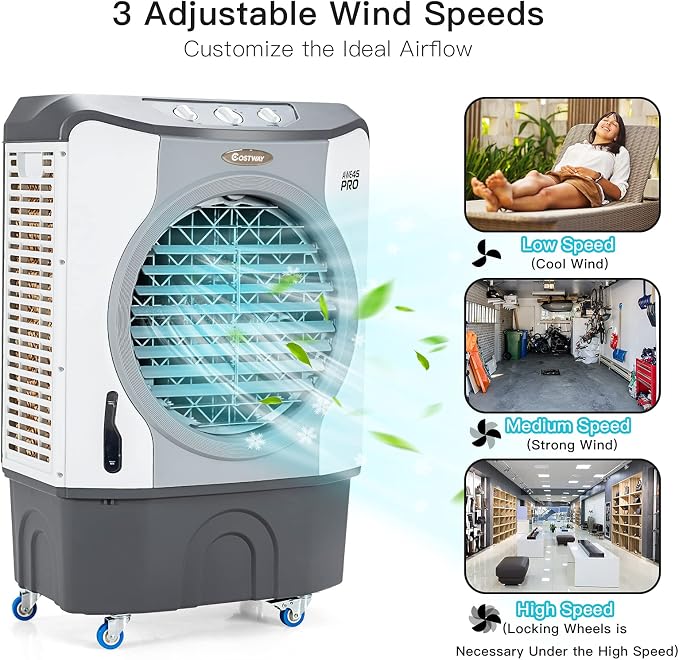 Evaporative Air Cooler, 3450 CFM Swamp Cooler with 100°Oscillation, 210W Cooling Fan, 3 Speeds & 3 Modes Cools up to 1800