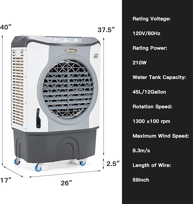 Evaporative Air Cooler, 3450 CFM Swamp Cooler with 100°Oscillation, 210W Cooling Fan, 3 Speeds & 3 Modes Cools up to 1800