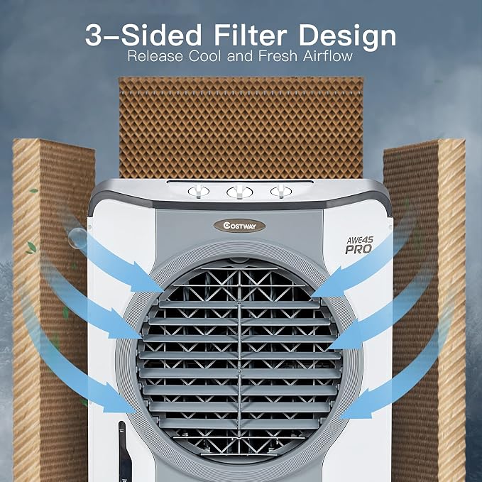 Evaporative Air Cooler, 3450 CFM Swamp Cooler with 100°Oscillation, 210W Cooling Fan, 3 Speeds & 3 Modes Cools up to 1800