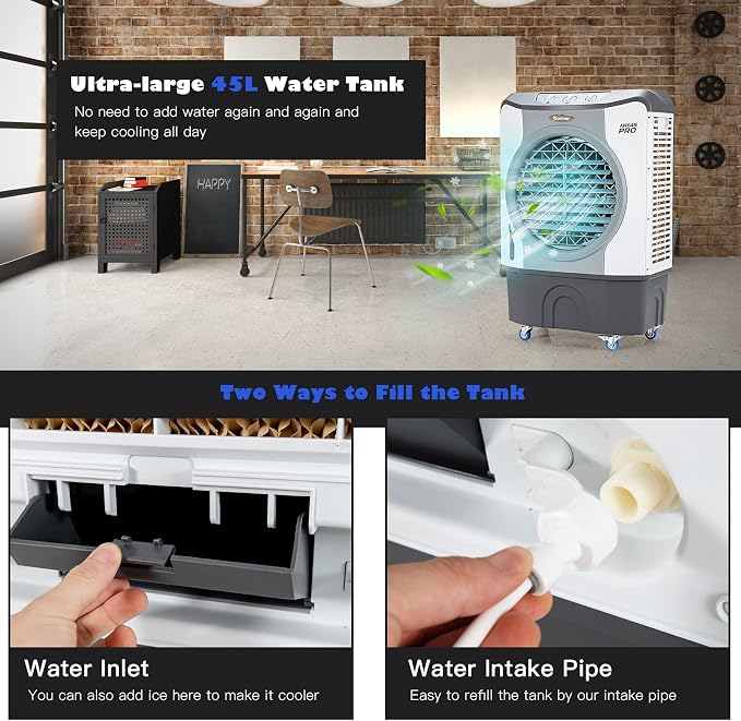Evaporative Air Cooler, 3450 CFM Swamp Cooler with 100°Oscillation, 210W Cooling Fan, 3 Speeds & 3 Modes Cools up to 1800