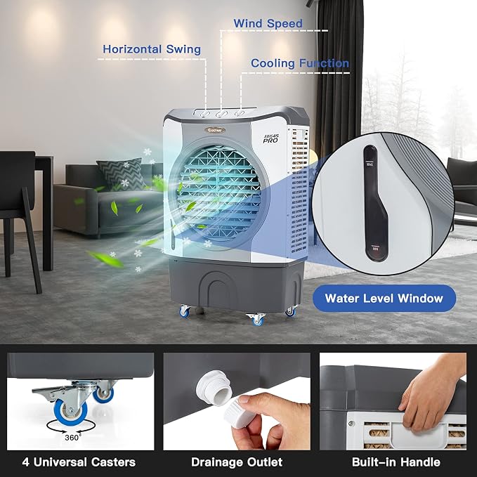 Evaporative Air Cooler, 3450 CFM Swamp Cooler with 100°Oscillation, 210W Cooling Fan, 3 Speeds & 3 Modes Cools up to 1800