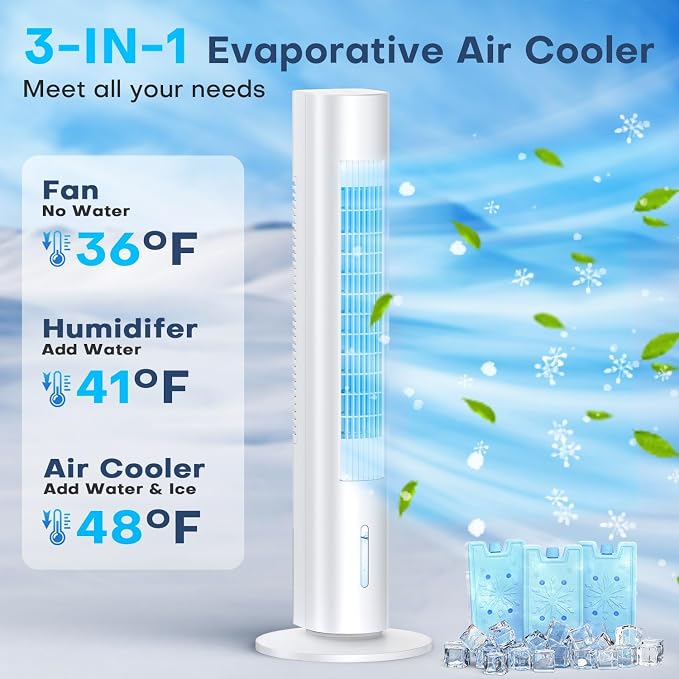 Evaporative Air Cooler, 35" Windowless Air Conditioner Portable w/3 Speeds, 25ft Remote, Smart Timer & Water Tank, Portable