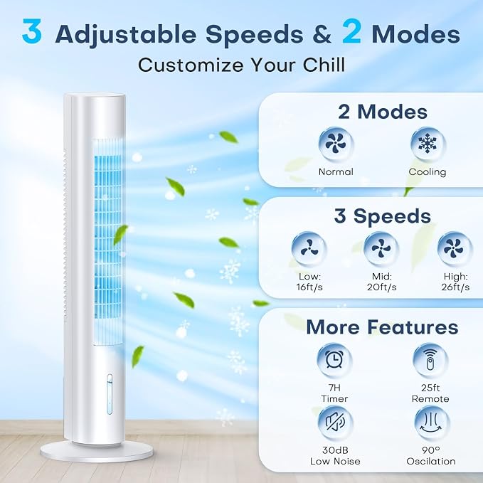 Evaporative Air Cooler, 35" Windowless Air Conditioner Portable w/3 Speeds, 25ft Remote, Smart Timer & Water Tank, Portable
