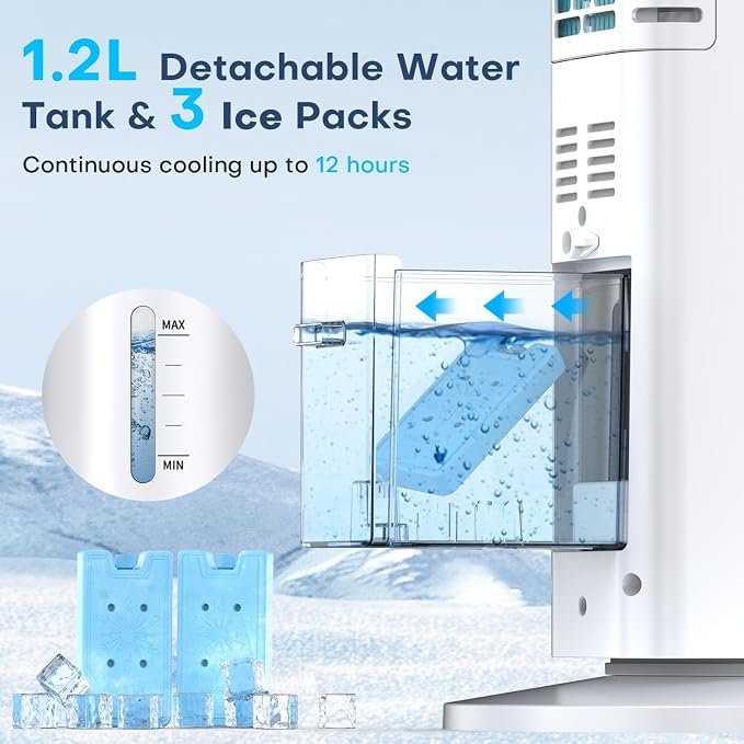 Evaporative Air Cooler, 35" Windowless Air Conditioner Portable w/3 Speeds, 25ft Remote, Smart Timer & Water Tank, Portable