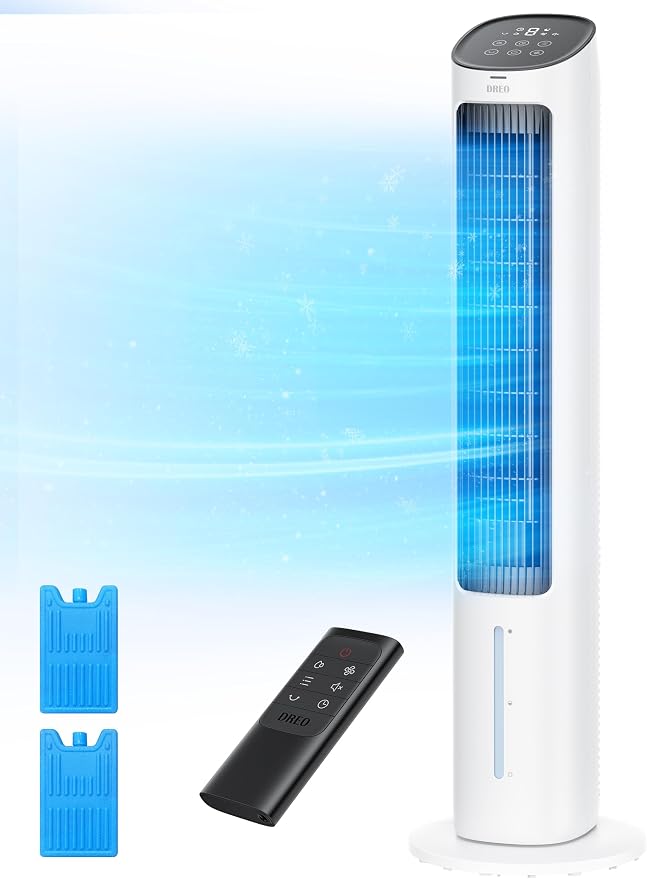 Evaporative Air Cooler, 40” Cooling Fans that Blow Cold Air, 80° Oscillating, Removable Water Tank, Ice Packs, Remote