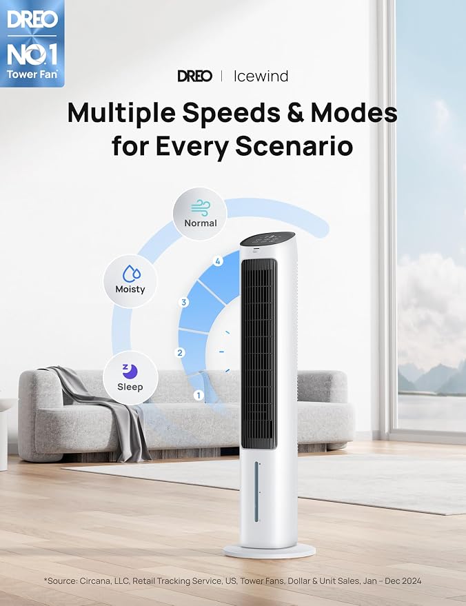 Evaporative Air Cooler, 40” Cooling Fans that Blow Cold Air, 80° Oscillating, Removable Water Tank, Ice Packs, Remote