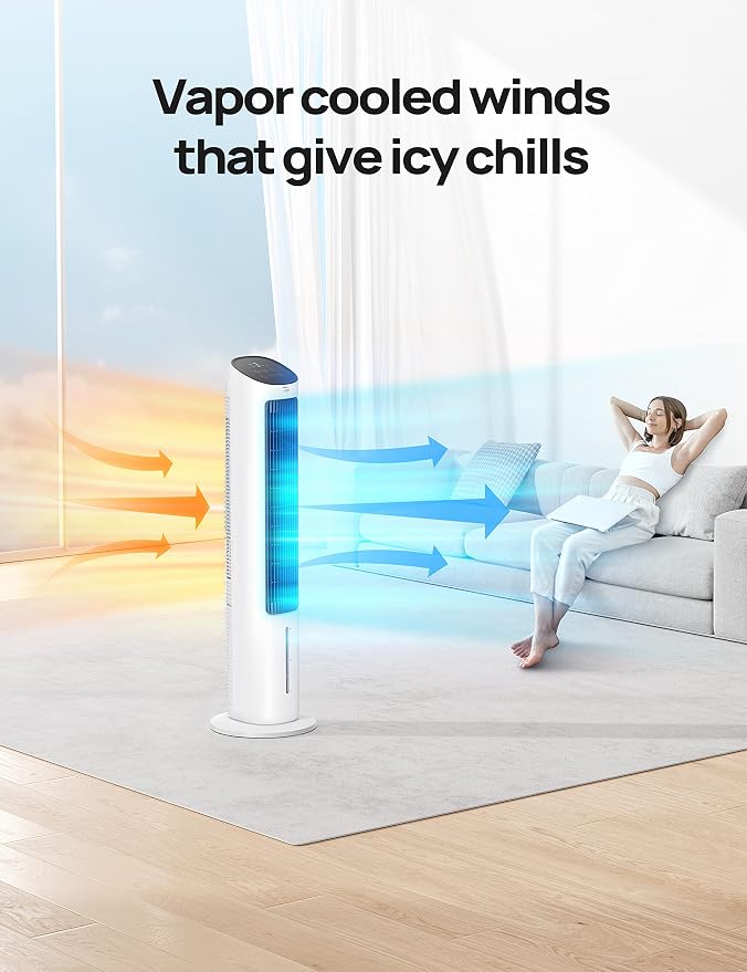Evaporative Air Cooler, 40” Cooling Fans that Blow Cold Air, 80° Oscillating, Removable Water Tank, Ice Packs, Remote