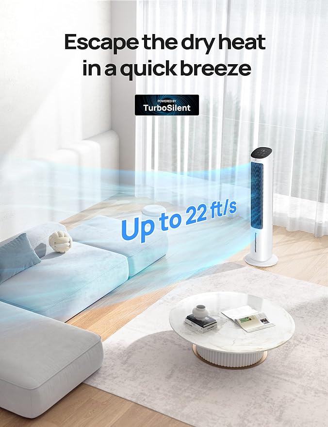 Evaporative Air Cooler, 40” Standing Bladeless Cooling Fan for Bedroom, 80° Oscillating Fans that Blow Cold Air, Swamp