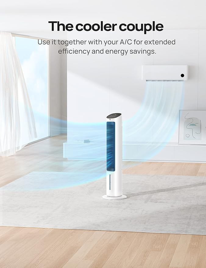 Evaporative Air Cooler, 40” Standing Bladeless Cooling Fan for Bedroom, 80° Oscillating Fans that Blow Cold Air, Swamp
