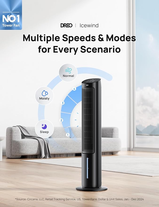 Evaporative Air Cooler, 40” Standing Fans that Blow Cold Air, 80° Oscillating Bladeless Cooling Fan for Bedroom, Swamp