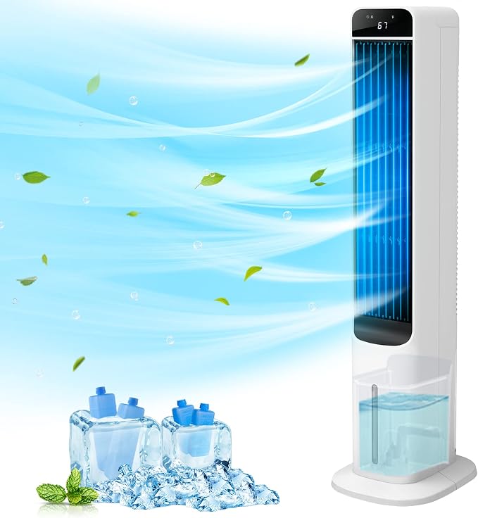 Evaporative Air Cooler - 41" Portable Cooling Fan Swamp Cooler with 4 Ice Packs and Remote, Quiet Bladeless Tower Fan Blow