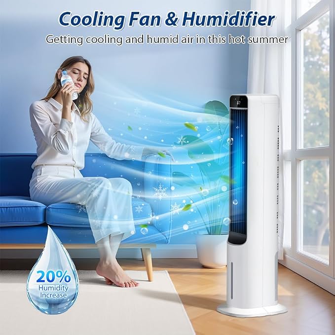 Evaporative Air Cooler - 41" Portable Cooling Fan Swamp Cooler with 4 Ice Packs and Remote, Quiet Bladeless Tower Fan Blow