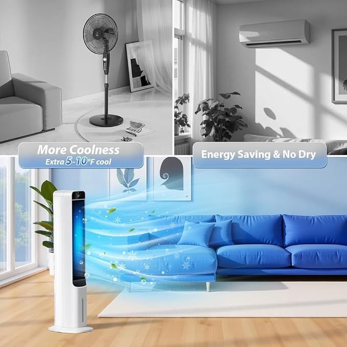Evaporative Air Cooler - 41" Portable Cooling Fan Swamp Cooler with 4 Ice Packs and Remote, Quiet Bladeless Tower Fan Blow