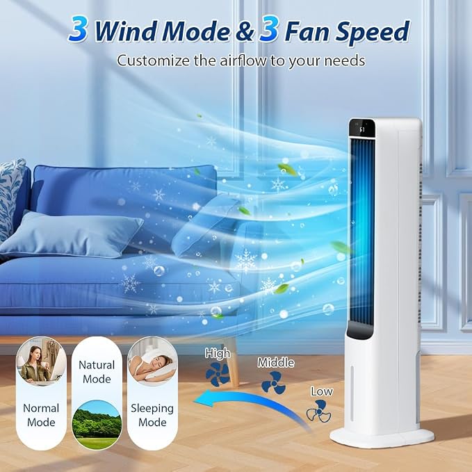 Evaporative Air Cooler - 41" Portable Cooling Fan Swamp Cooler with 4 Ice Packs and Remote, Quiet Bladeless Tower Fan Blow