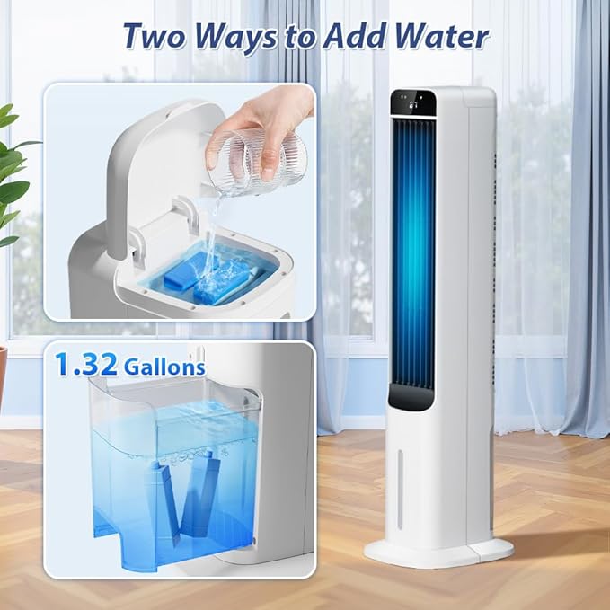 Evaporative Air Cooler - 41" Portable Cooling Fan Swamp Cooler with 4 Ice Packs and Remote, Quiet Bladeless Tower Fan Blow