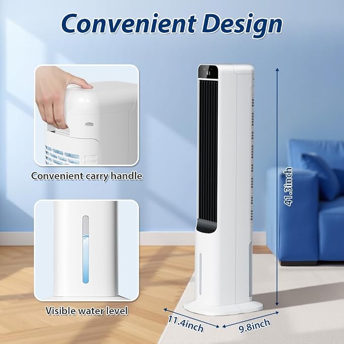 Evaporative Air Cooler - 41" Portable Cooling Fan Swamp Cooler with 4 Ice Packs and Remote, Quiet Bladeless Tower Fan Blow