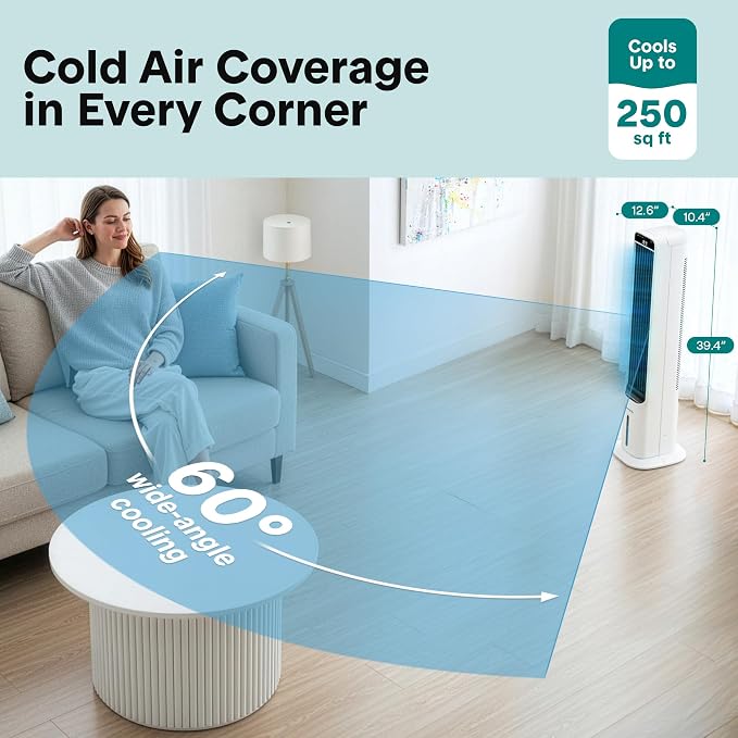 Evaporative Air Cooler Tower with Remote, 5L Tank, 4 Ice Boxes, 3 Speeds, Quiet Standing Cooler with Oscillation for Home