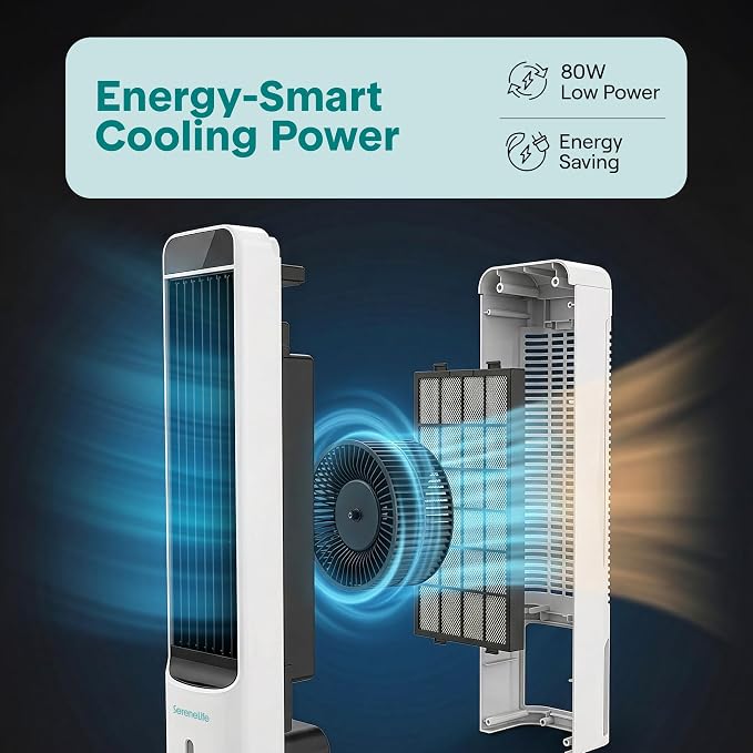 Evaporative Air Cooler Tower with Remote, 5L Tank, 4 Ice Boxes, 3 Speeds, Quiet Standing Cooler with Oscillation for Home