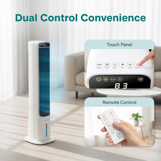 Evaporative Air Cooler Tower with Remote, 5L Tank, 4 Ice Boxes, 3 Speeds, Quiet Standing Cooler with Oscillation for Home