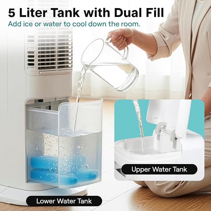 Evaporative Air Cooler Tower with Remote, 5L Tank, 4 Ice Boxes, 3 Speeds, Quiet Standing Cooler with Oscillation for Home
