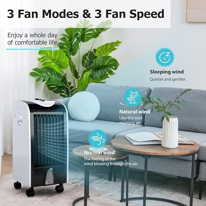 Evaporative Air Cooler, Windowless Swamp Cooler Fan & Humidifier with 3 Modes, 3 Speeds, 2 Ice Boxes, 7.5h Timer, Now-Noise