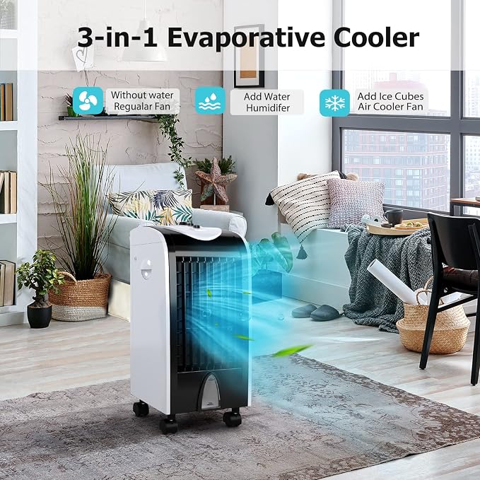 Evaporative Air Cooler, Windowless Swamp Cooler Fan & Humidifier with 3 Modes, 3 Speeds, 2 Ice Boxes, 7.5h Timer, Now-Noise