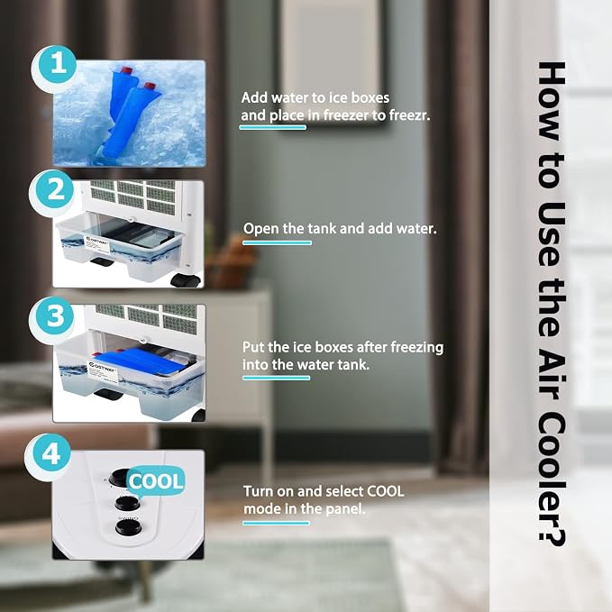 Evaporative Air Cooler, Windowless Swamp Cooler Fan & Humidifier with 3 Modes, 3 Speeds, 2 Ice Boxes, 7.5h Timer, Now-Noise