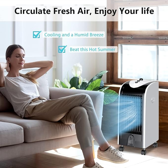 Evaporative Air Cooler, Windowless Swamp Cooler Fan & Humidifier with 3 Modes, 3 Speeds, 2 Ice Boxes, 7.5h Timer, Now-Noise