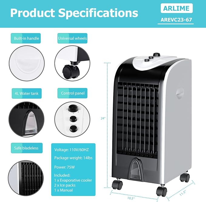 Evaporative Air Cooler, Windowless Swamp Cooler Fan & Humidifier with 3 Modes, 3 Speeds, 2 Ice Boxes, 7.5h Timer, Now-Noise