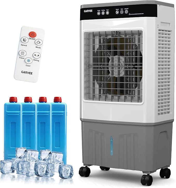 Evaporative Air Cooler with Remote & Timer, 3000 CFM Portable Swamp Cooler Fan with 5.3 Gal Water Tank, 3 Speeds, 120°