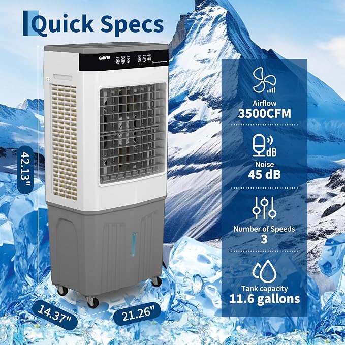 Evaporative Air Cooler with Remote & Timer, 3500 CFM Portable Swamp Cooler Fan with 11.6 Gal Water Tank, 3 Speeds, 120°