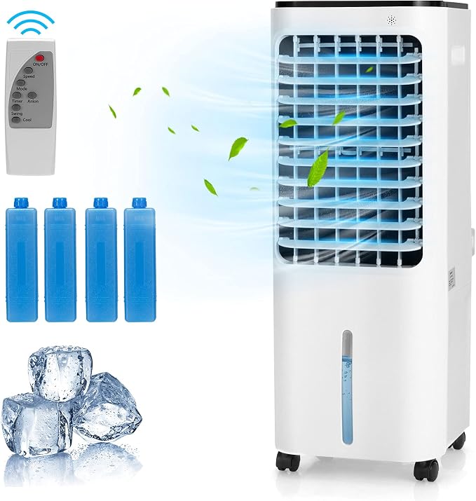 Evaporative Cooler, 4-In-1 Bladeless Cooler with 4 Modes, 3 Speeds, Timer, 12L Water Tank, LED Display, Portable Air Cooler