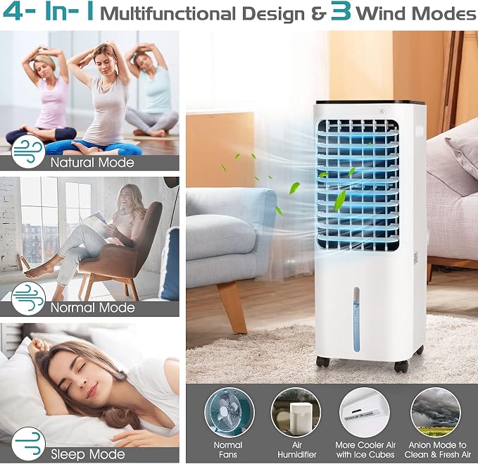 Evaporative Cooler, 4-In-1 Bladeless Cooler with 4 Modes, 3 Speeds, Timer, 12L Water Tank, LED Display, Portable Air Cooler