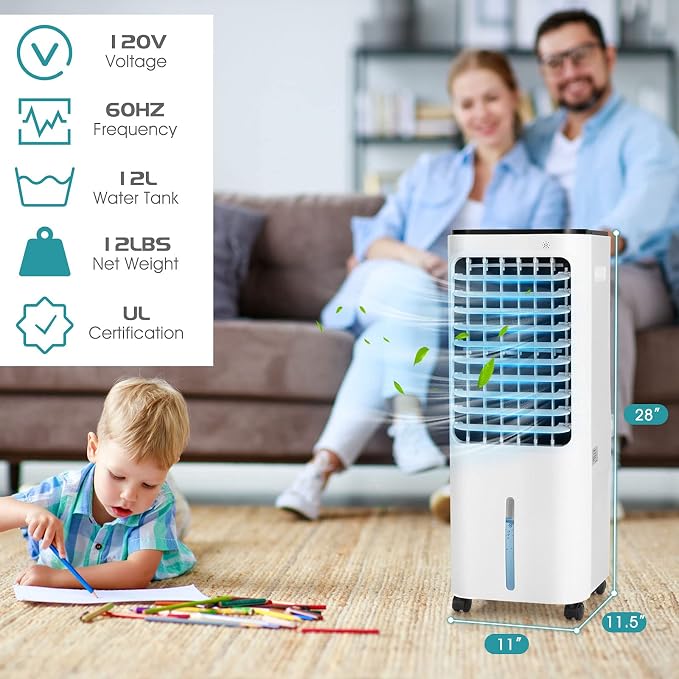 Evaporative Cooler, 4-In-1 Bladeless Cooler with 4 Modes, 3 Speeds, Timer, 12L Water Tank, LED Display, Portable Air Cooler