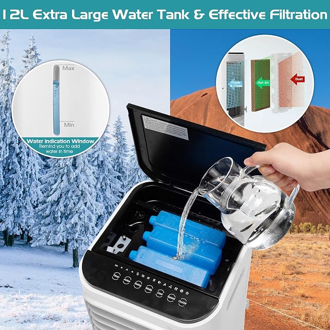 Evaporative Cooler, 4-In-1 Bladeless Cooler with 4 Modes, 3 Speeds, Timer, 12L Water Tank, LED Display, Portable Air Cooler