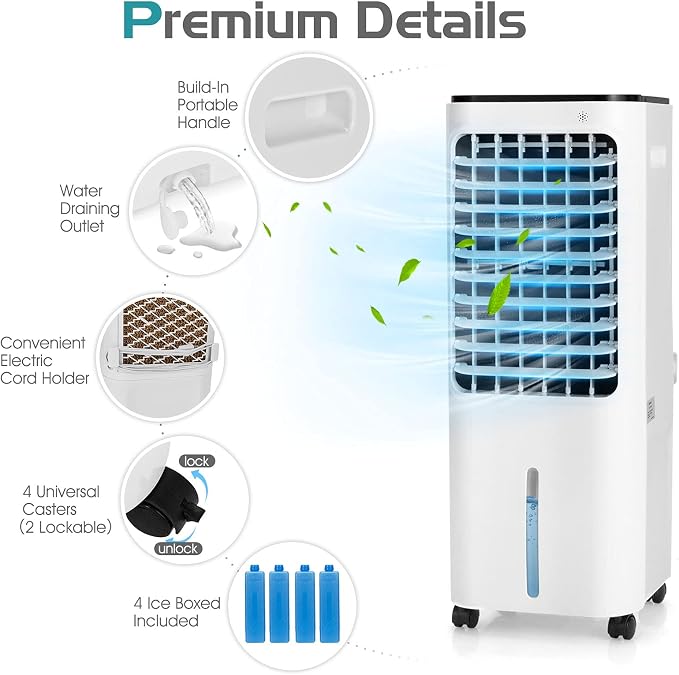 Evaporative Cooler, 4-In-1 Bladeless Cooler with 4 Modes, 3 Speeds, Timer, 12L Water Tank, LED Display, Portable Air Cooler