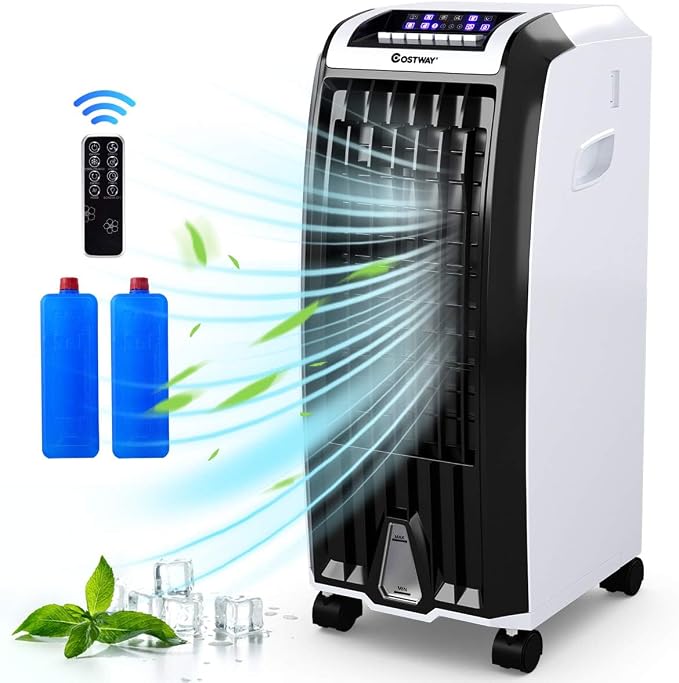 Evaporative Cooler, 4-in-1 Cooling, Fan, Humidifier and Anion, with 3 Wind Modes, 3 Speeds, 7.5H Timer, Portable air cooler