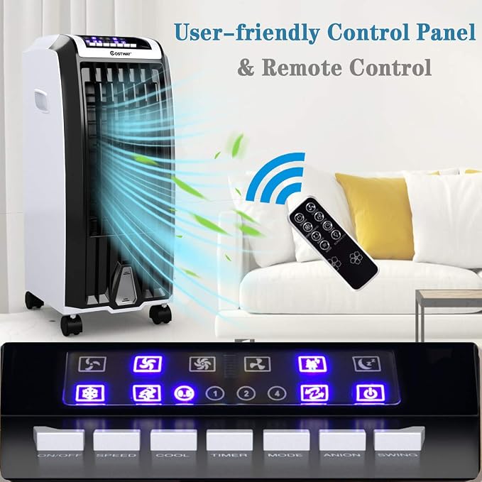 Evaporative Cooler, 4-in-1 Cooling, Fan, Humidifier and Anion, with 3 Wind Modes, 3 Speeds, 7.5H Timer, Portable air cooler