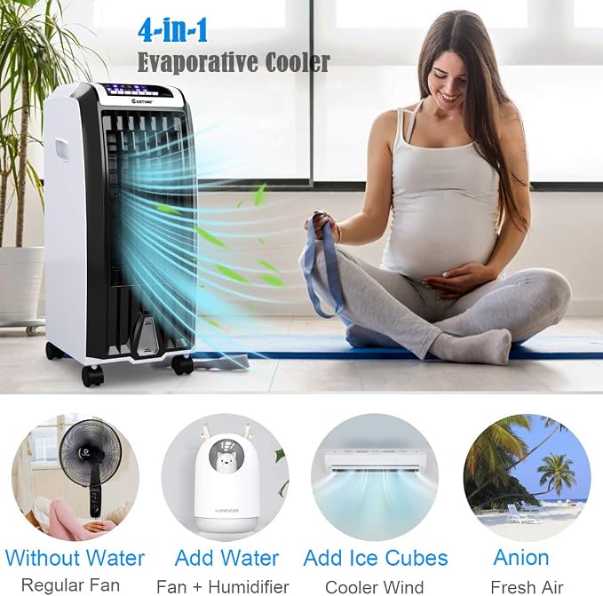 Evaporative Cooler, 4-in-1 Cooling, Fan, Humidifier and Anion, with 3 Wind Modes, 3 Speeds, 7.5H Timer, Portable air cooler